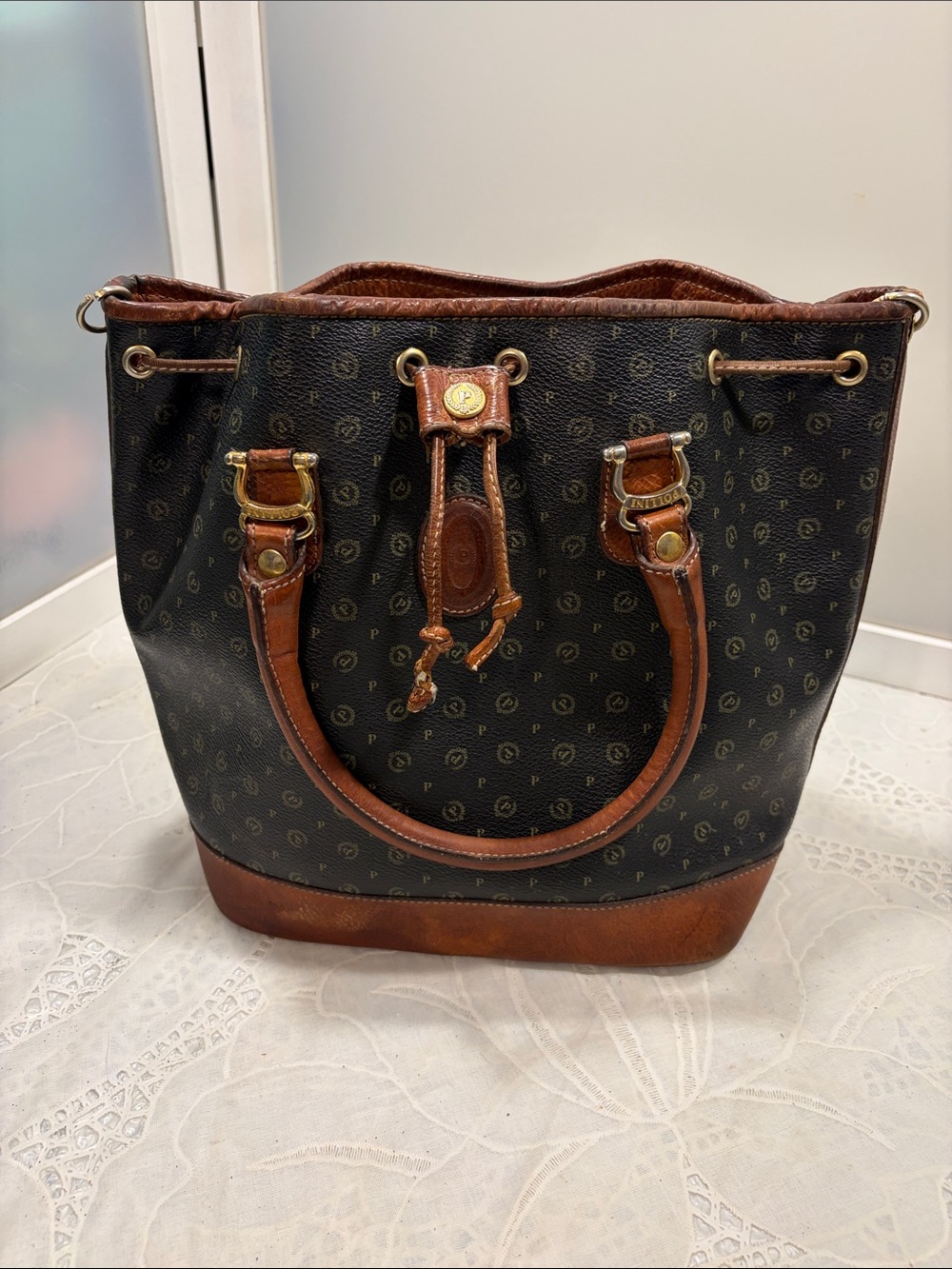Brown & Black Monogram Drawstring Shoulder Bag